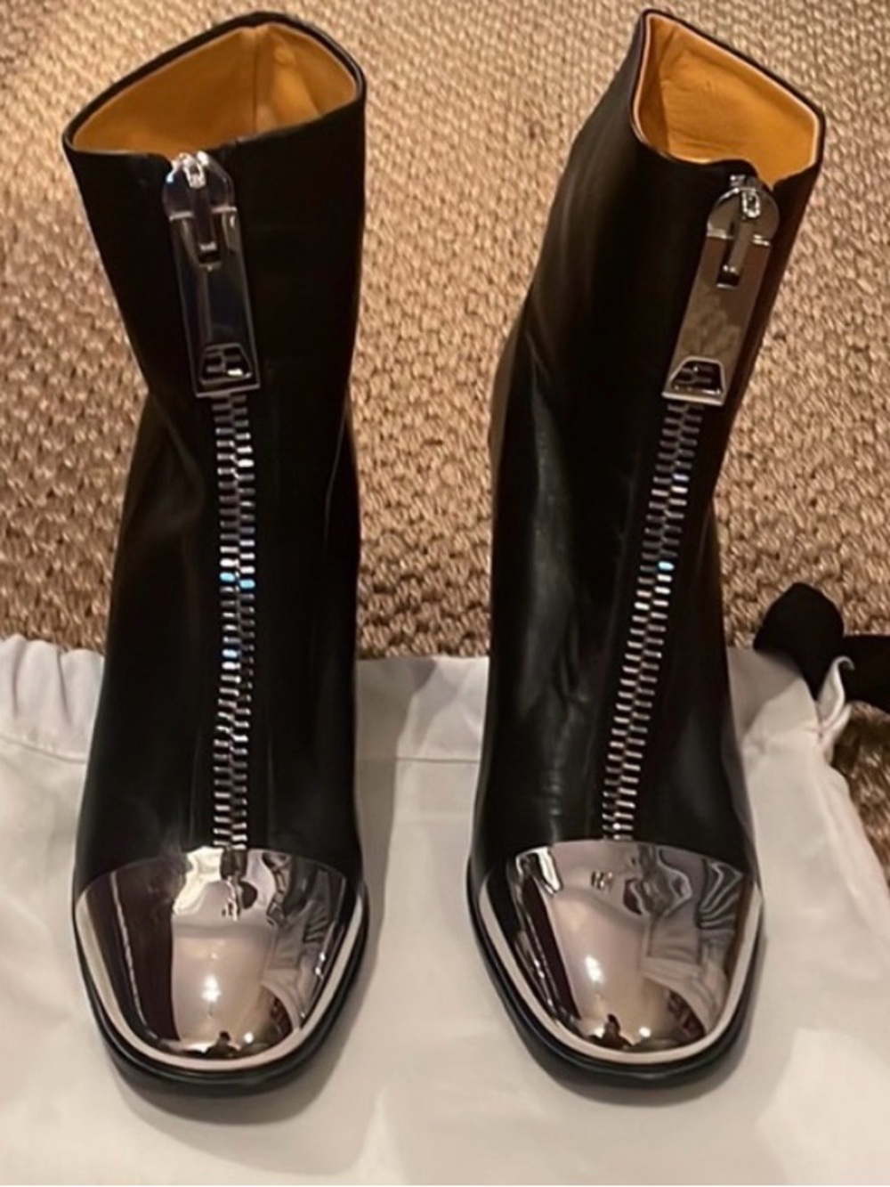 Proenza Schouler Black Leather Ankle Boots with Silver Metal Toe Caps - Size 8.5